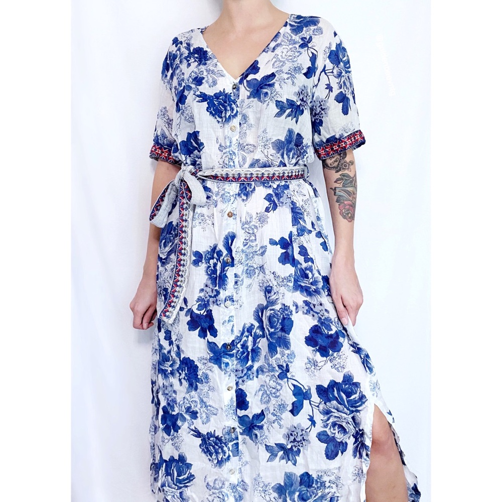 Johnny Was Workshop Blue + White Floral Embroidered Woven Cotton Maxi Dr…